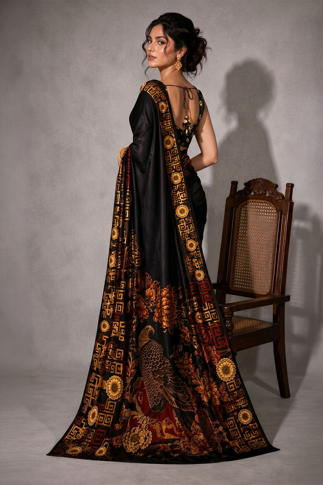 Black Floral Printed Satin Ready to Wear Saree (ACA8893)