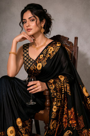 Black Floral Printed Satin Ready to Wear Saree (ACA8893)