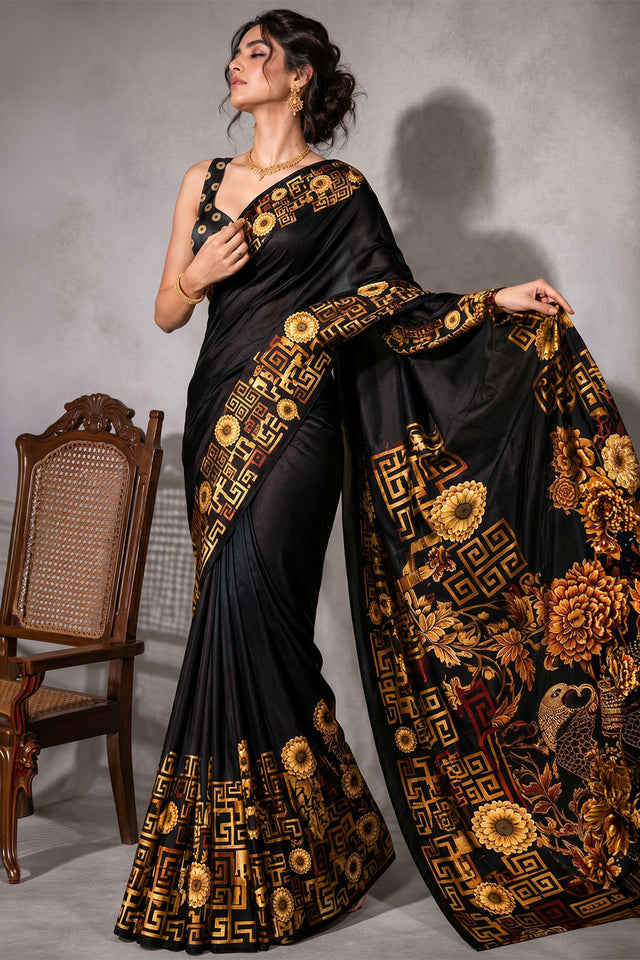 Black Floral Printed Satin Ready to Wear Saree (ACA8893)