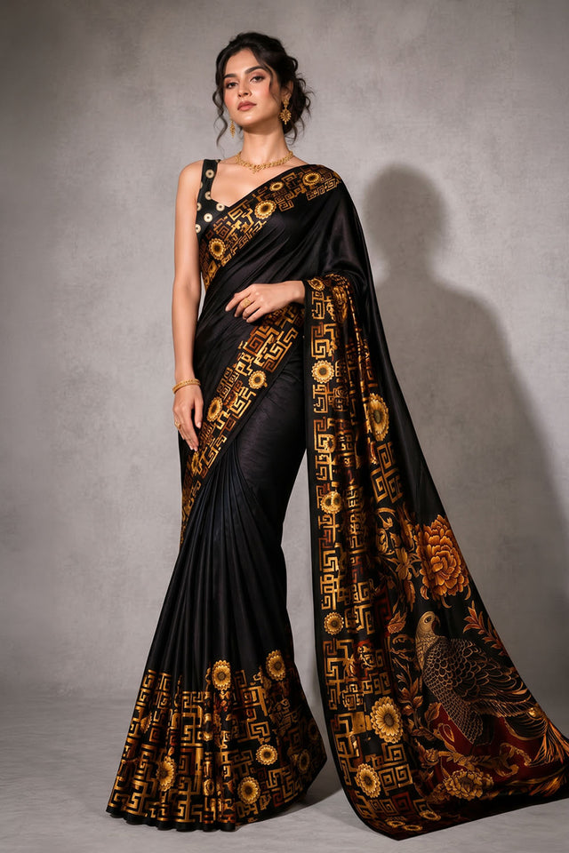 Black Floral Printed Satin Ready to Wear Saree (ACA8893)