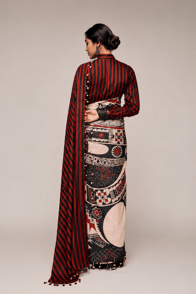 Black Printed Satin Ready to Wear Saree (ACA8894)