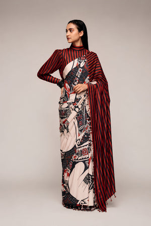 Black Printed Satin Ready to Wear Saree (ACA8894)