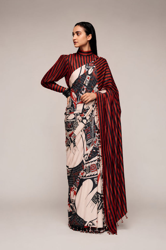 Black Printed Satin Ready to Wear Saree (ACA8894)