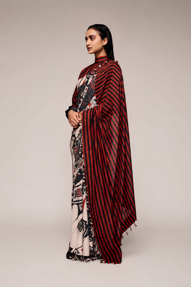 Black Printed Satin Ready to Wear Saree (ACA8894)