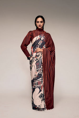 Black Printed Satin Ready to Wear Saree (ACA8894)