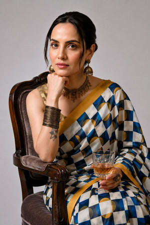 Multi Color Geometric Printed Satin Ready to Wear Saree (ACA8895)
