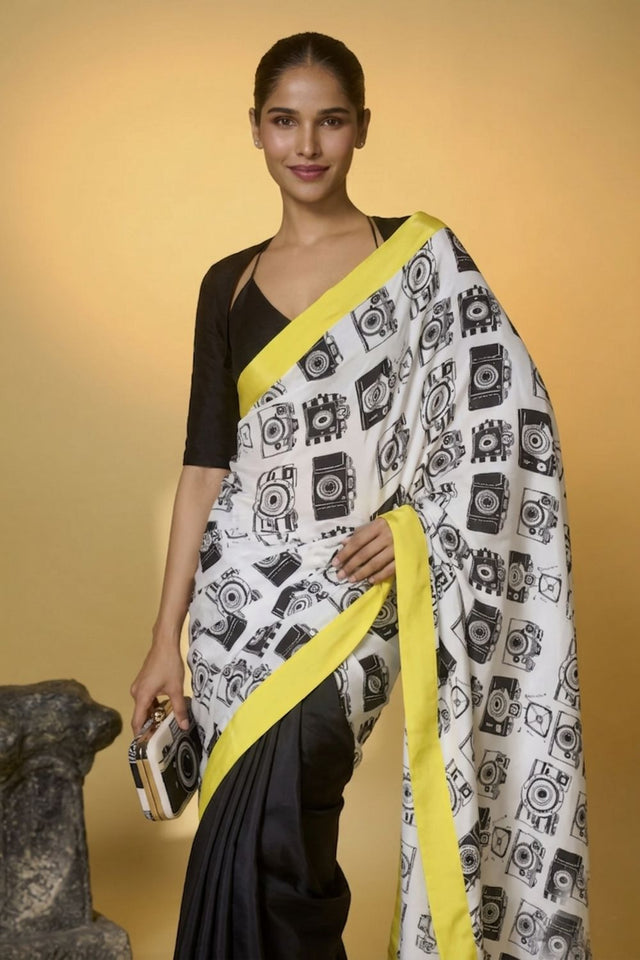 Black Printed Satin Ready to Wear Saree (ACA8896)