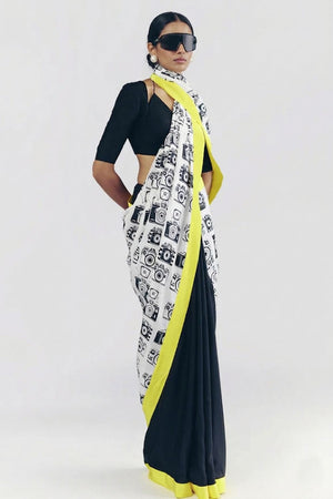 Black Printed Satin Ready to Wear Saree (ACA8896)