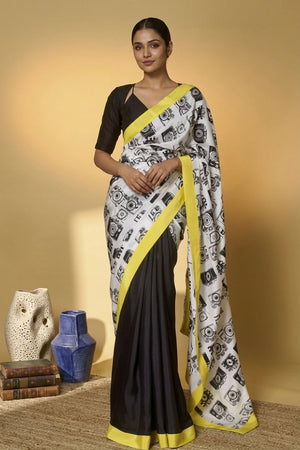 Black Printed Satin Ready to Wear Saree (ACA8896)