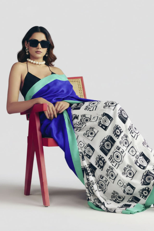 Blue Printed Satin Ready to Wear Saree (ACA8897)