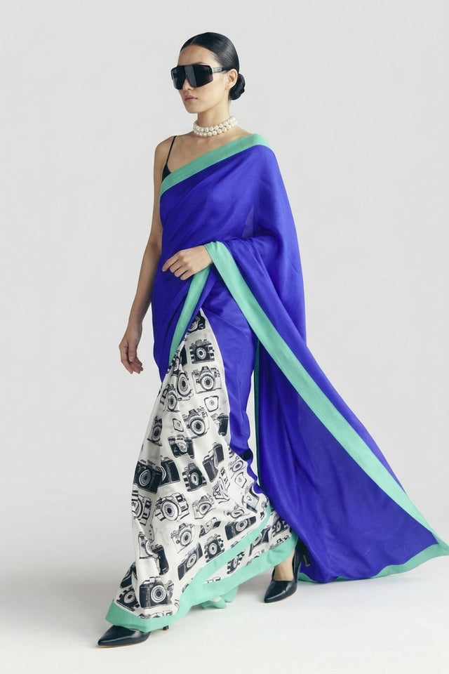 Blue Printed Satin Ready to Wear Saree (ACA8897)