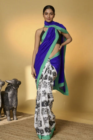 Blue Printed Satin Ready to Wear Saree (ACA8897)