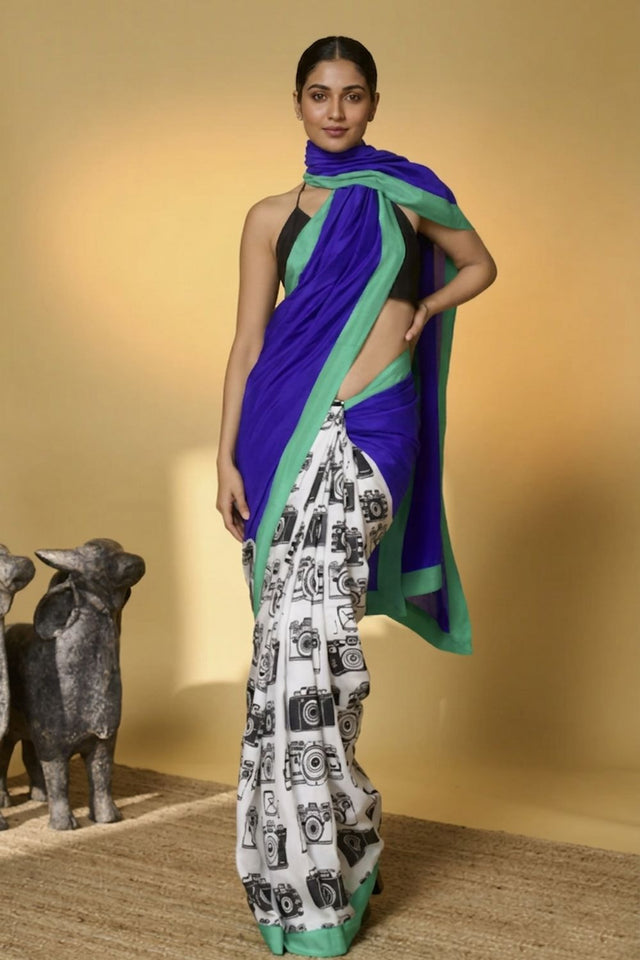 Blue Printed Satin Ready to Wear Saree (ACA8897)