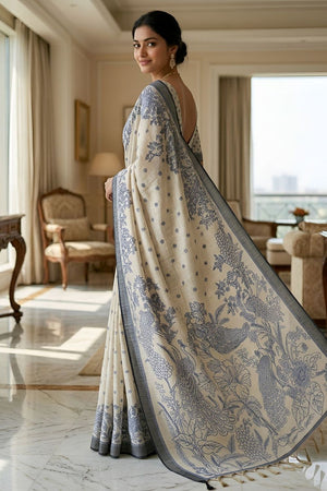 Blue Printed Linen Saree (ACA8898)