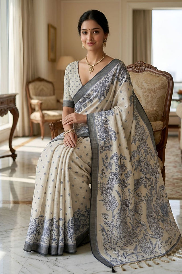 Blue Printed Linen Saree (ACA8898)