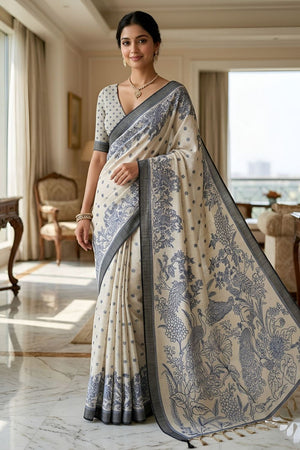 Blue Printed Linen Saree (ACA8898)