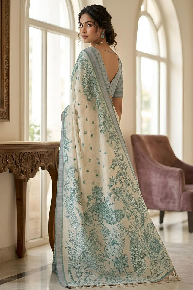 Green Printed Linen Saree (ACA8899)