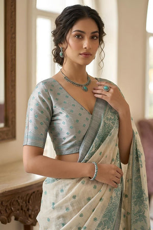 Green Printed Linen Saree (ACA8899)