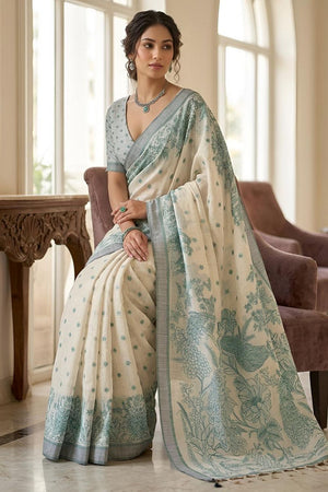 Green Printed Linen Saree (ACA8899)