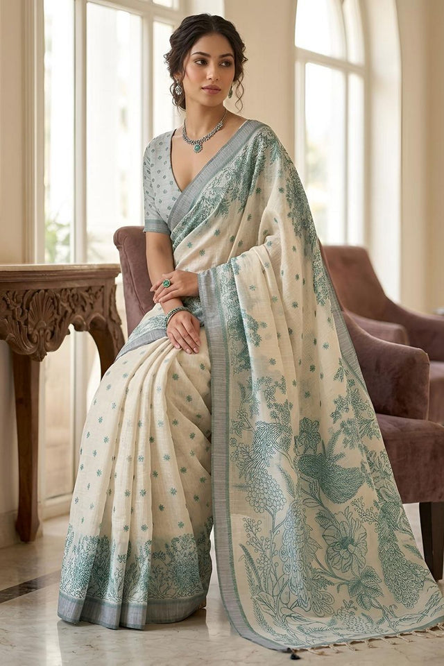 Green Printed Linen Saree (ACA8899)