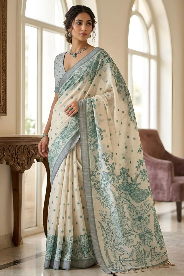 Green Printed Linen Saree (ACA8899)