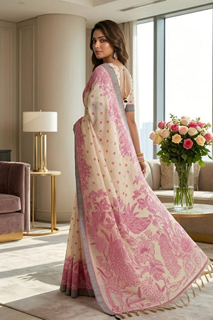 Pink Printed Linen Saree (ACA8900)