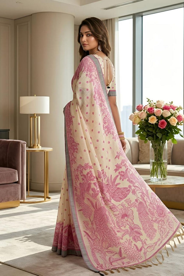Pink Printed Linen Saree (ACA8900)