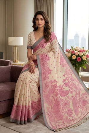 Pink Printed Linen Saree (ACA8900)
