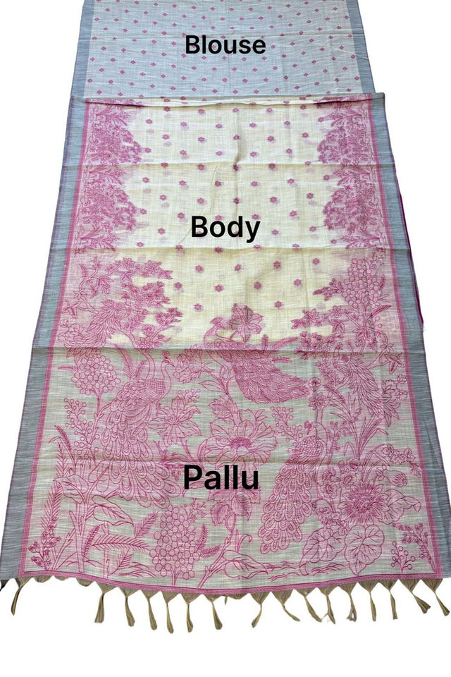Pink Printed Linen Saree (ACA8900)