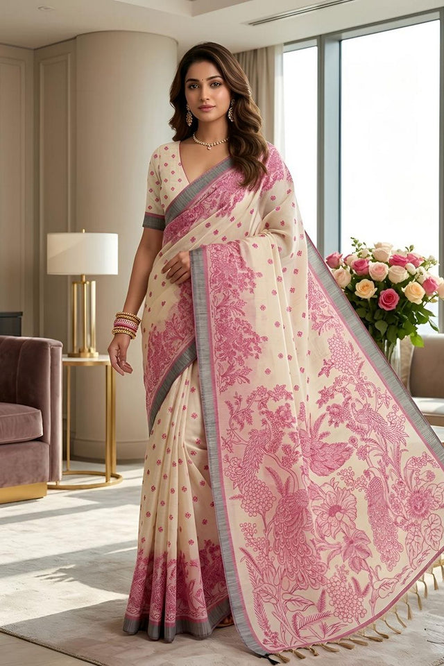 Pink Printed Linen Saree (ACA8900)
