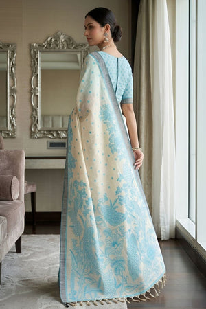 Turquoise Printed Linen Saree (ACA8901)