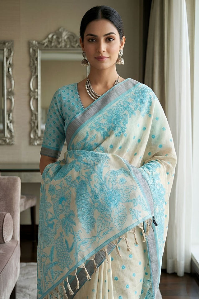 Turquoise Printed Linen Saree (ACA8901)