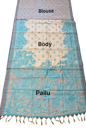 Turquoise Printed Linen Saree (ACA8901)