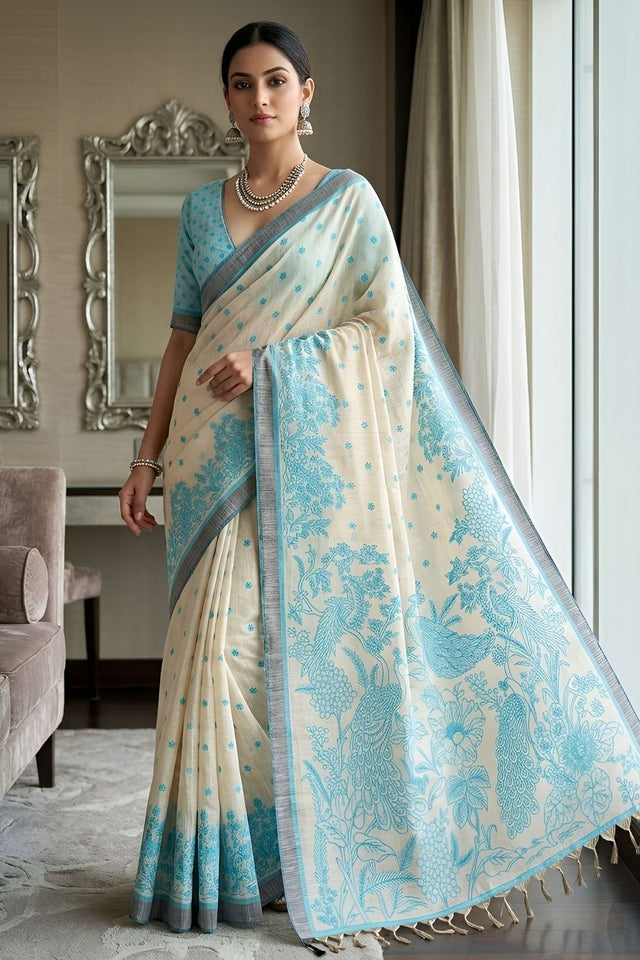 Turquoise Printed Linen Saree (ACA8901)