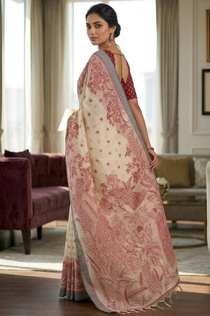 Red Printed Linen Saree (ACA8902)