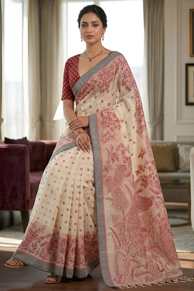 Red Printed Linen Saree (ACA8902)