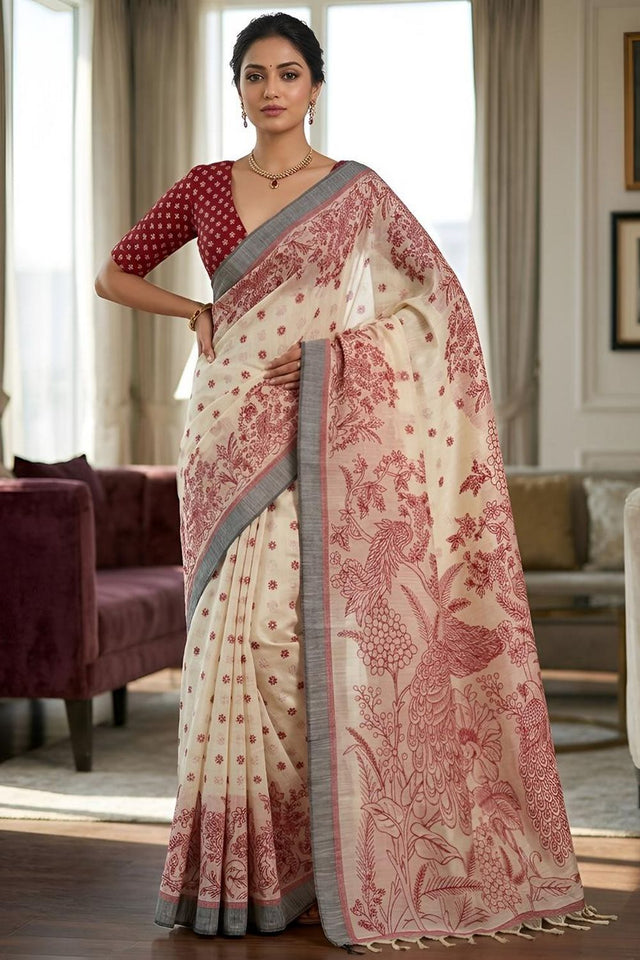 Red Printed Linen Saree (ACA8902)