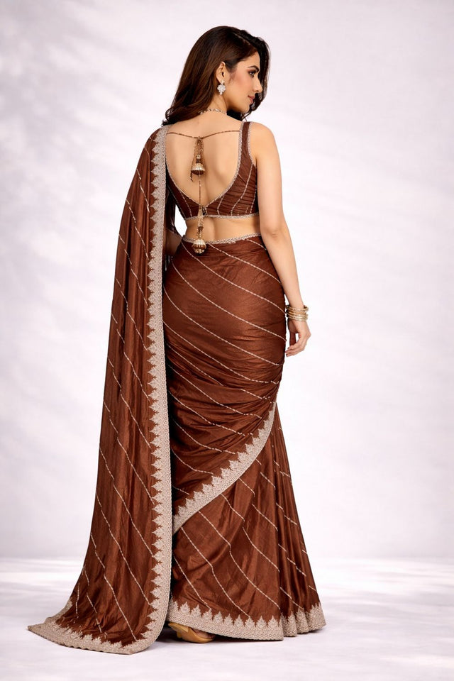 Brown Woven Crepe Ready to Wear Saree (ACA8903)