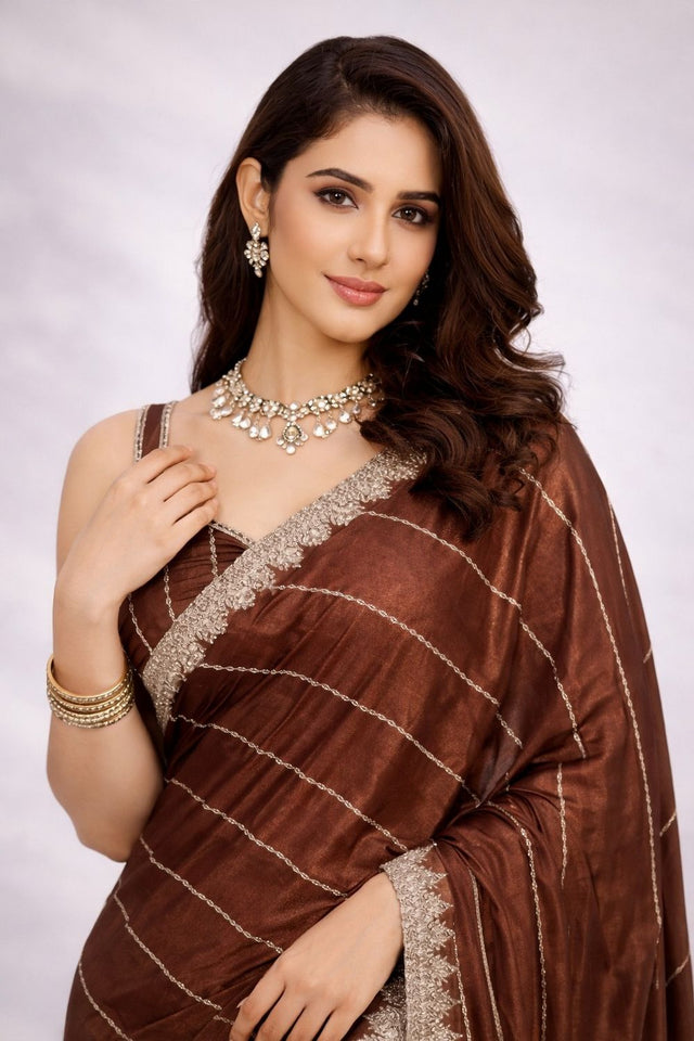 Brown Woven Crepe Ready to Wear Saree (ACA8903)