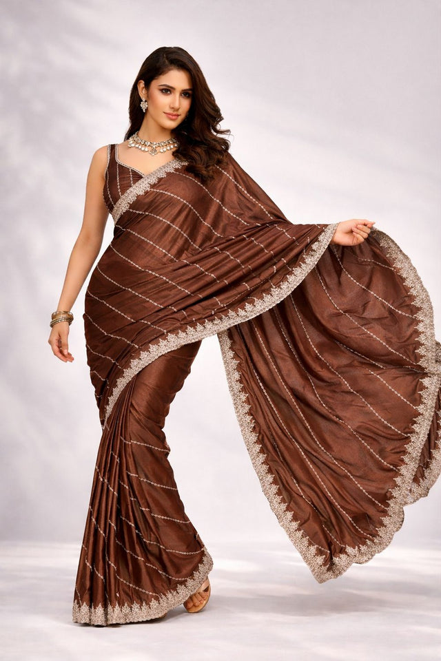 Brown Woven Crepe Ready to Wear Saree (ACA8903)