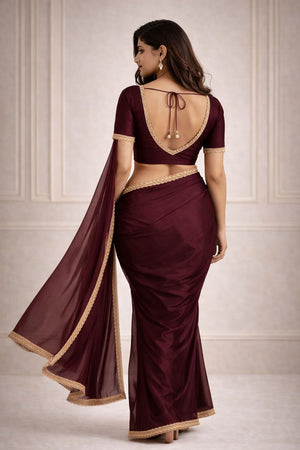 Maroon Solid with Lace Border Satin Ready to Wear Saree (ACA8905)
