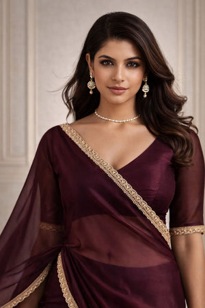 Maroon Solid with Lace Border Satin Ready to Wear Saree (ACA8905)