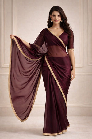 Maroon Solid with Lace Border Satin Ready to Wear Saree (ACA8905)