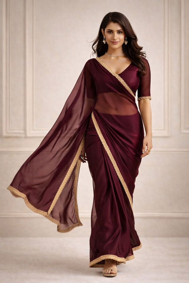 Maroon Solid with Lace Border Satin Ready to Wear Saree (ACA8905)