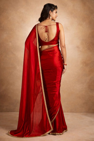 Red Solid with Lace Border Satin Ready to Wear Saree (ACA8906)