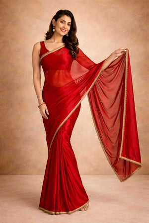 Red Solid with Lace Border Satin Ready to Wear Saree (ACA8906)