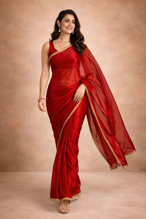 Red Solid with Lace Border Satin Ready to Wear Saree (ACA8906)