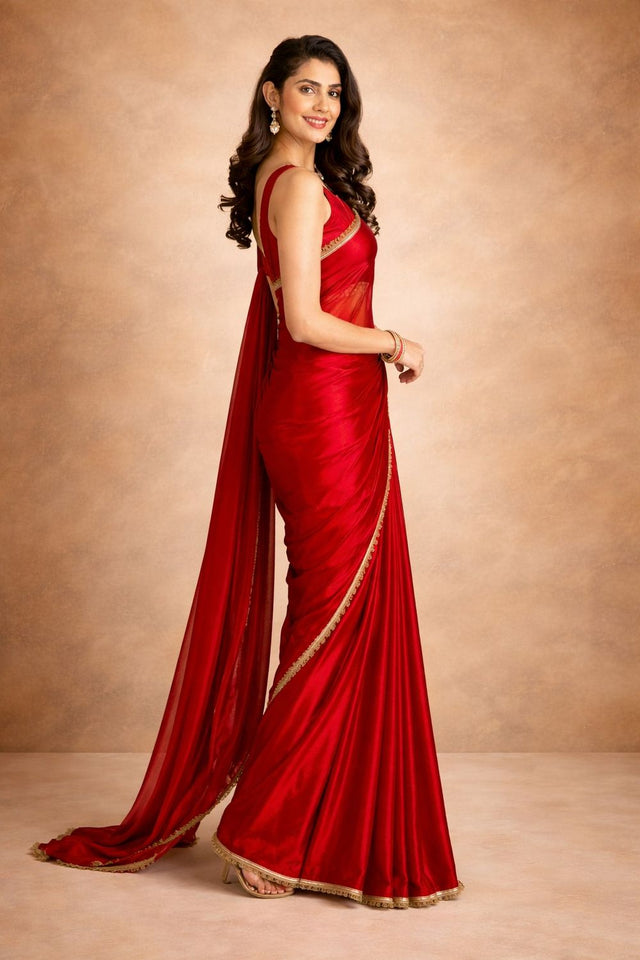 Red Solid with Lace Border Satin Ready to Wear Saree (ACA8906)