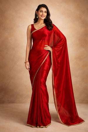 Red Solid with Lace Border Satin Ready to Wear Saree (ACA8906)