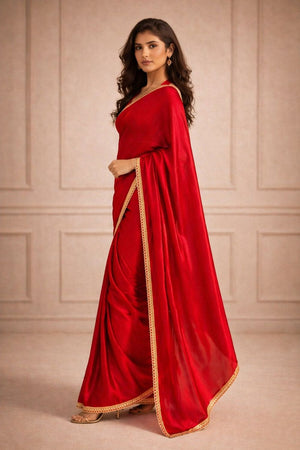 Red Solid with Lace Border Silk Ready to Wear Saree (ACA8907)